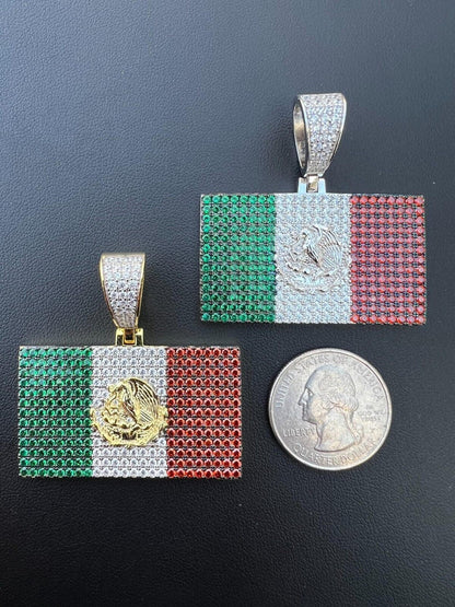Italiano Silver, Inc. Mexico Necklace 925 Silver Gold Plated Mexican Flag Pendant Chain CZ Necklace
