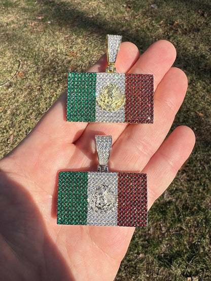 Italiano Silver, Inc. Mexico Necklace 925 Silver Gold Plated Mexican Flag Pendant Chain CZ Necklace