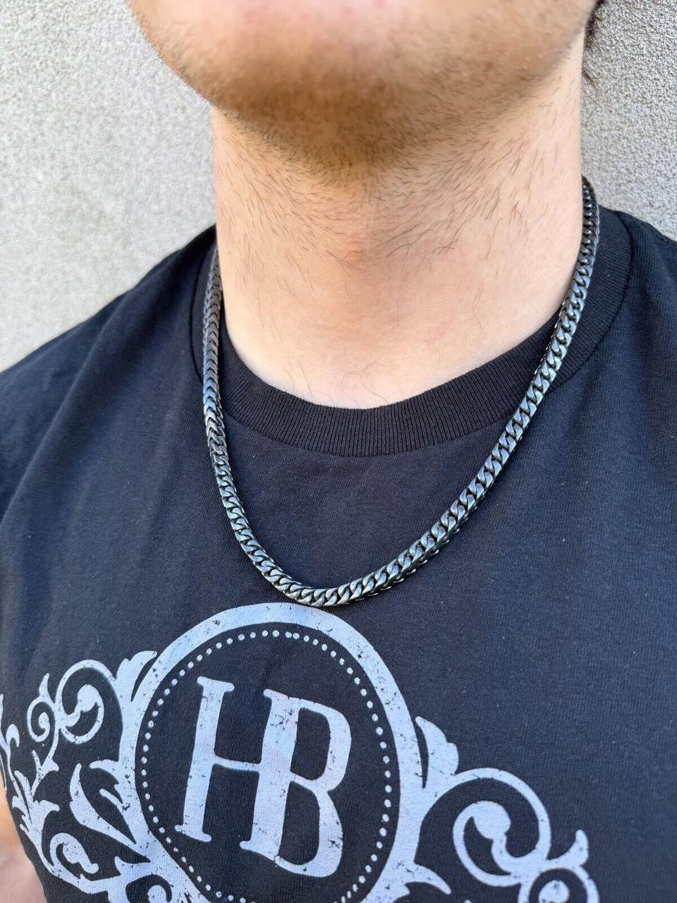 Modern Black Franco Link Chain Necklace - Black Silver Chain