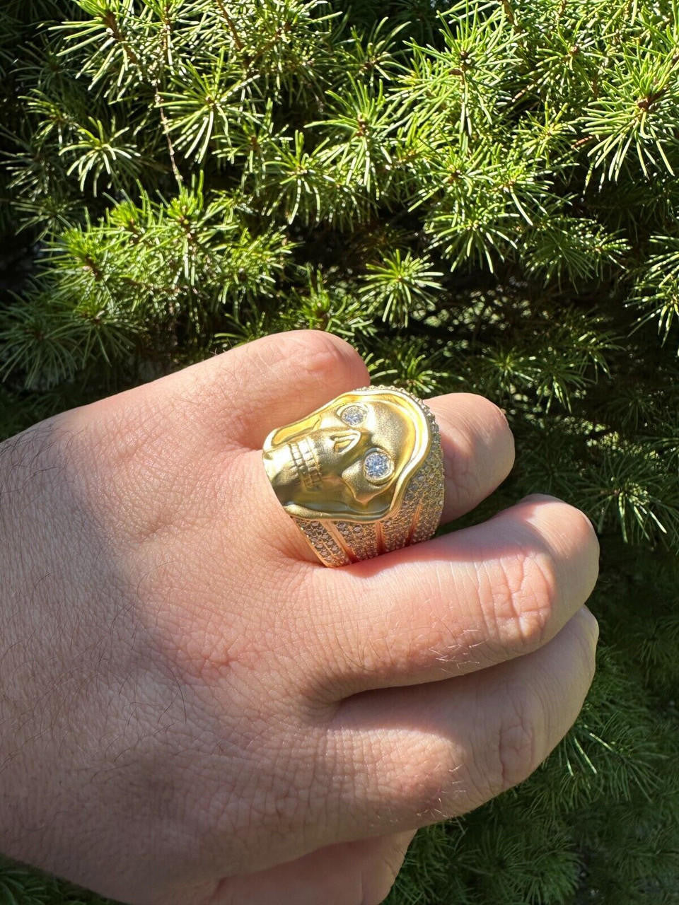 Italiano Silver, Inc. MOISSANITE Iced HEAVY Death Skull Ring Matte Real 14k Gold Over 925 Silver