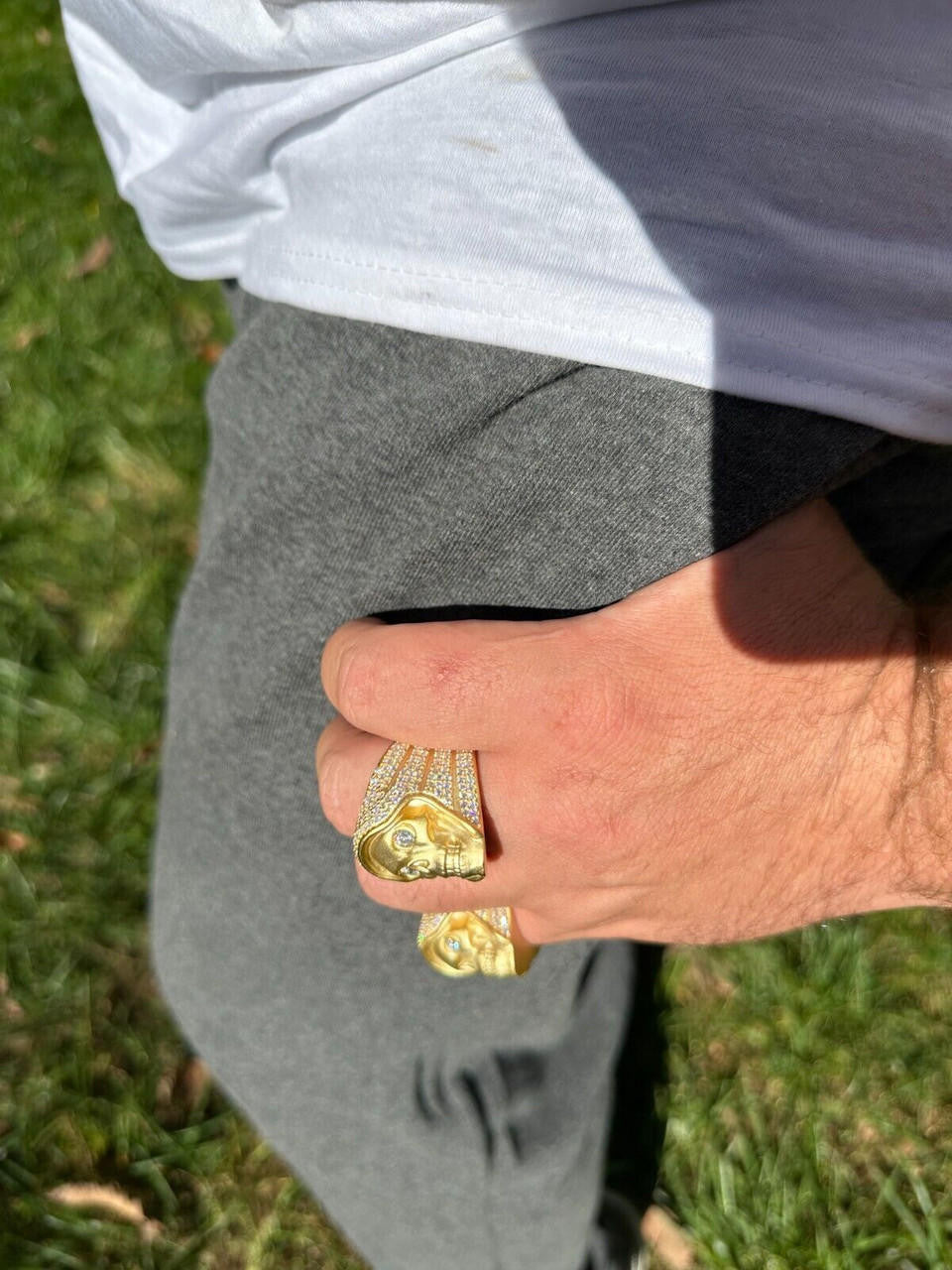 Italiano Silver, Inc. MOISSANITE Iced HEAVY Death Skull Ring Matte Real 14k Gold Over 925 Silver