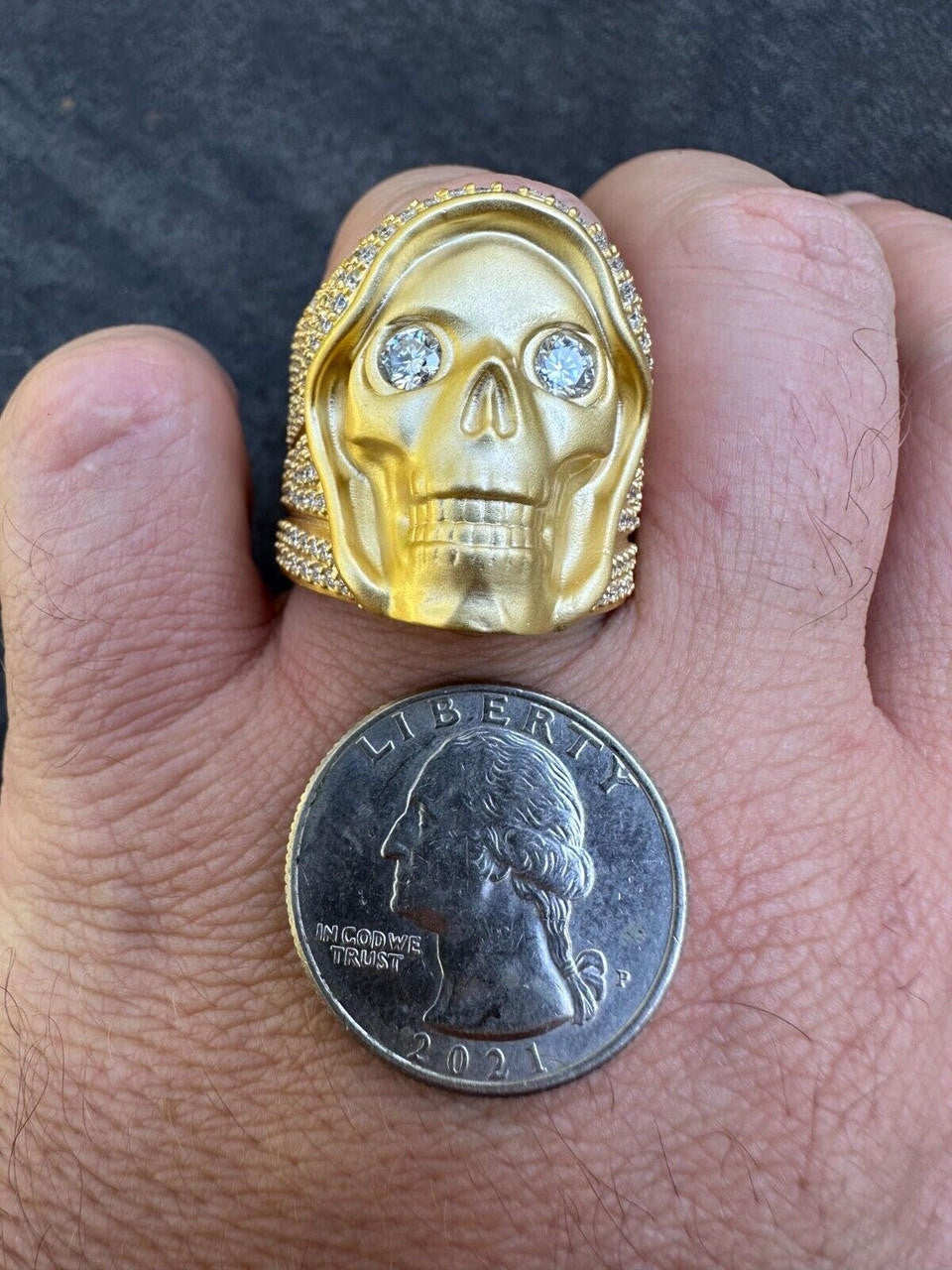 Italiano Silver, Inc. MOISSANITE Iced HEAVY Death Skull Ring Matte Real 14k Gold Over 925 Silver