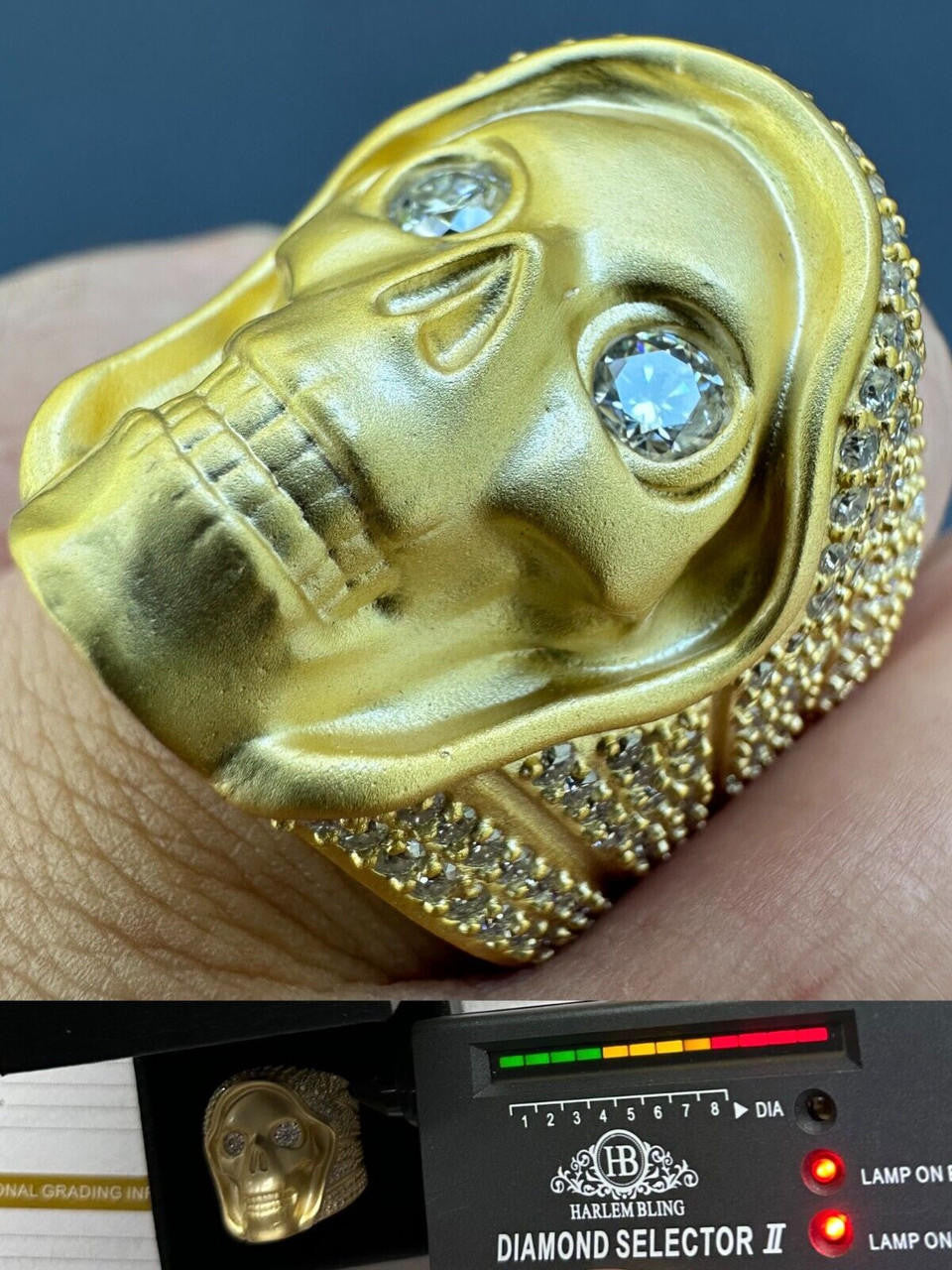 Italiano Silver, Inc. MOISSANITE Iced HEAVY Death Skull Ring Matte Real 14k Gold Over 925 Silver