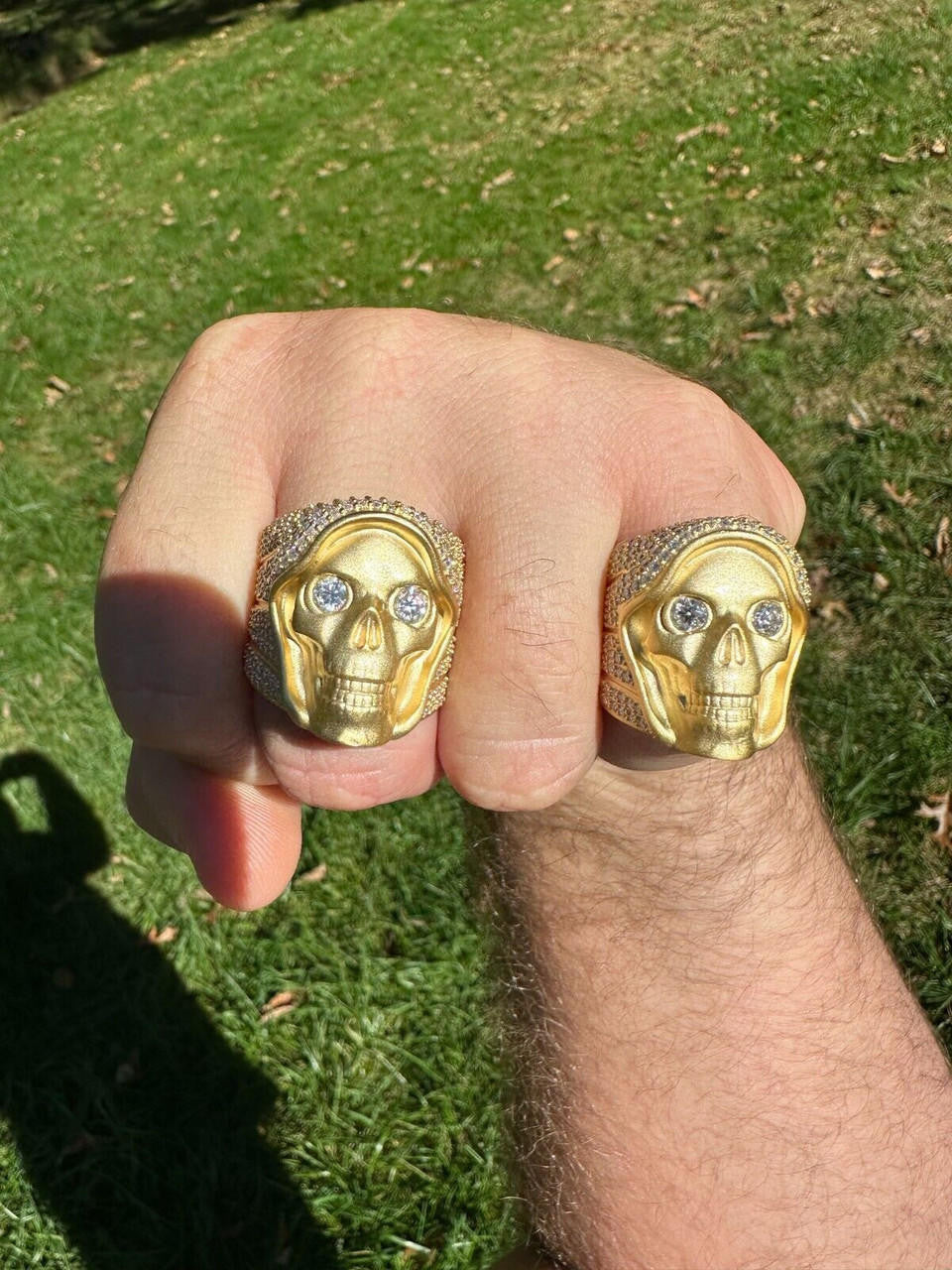 Italiano Silver, Inc. MOISSANITE Iced HEAVY Death Skull Ring Matte Real 14k Gold Over 925 Silver