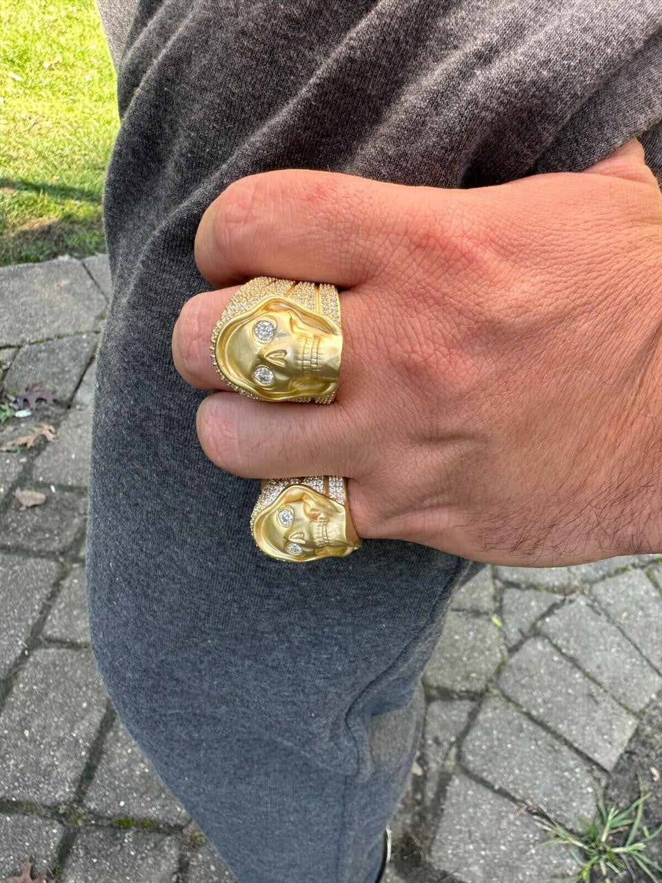 Italiano Silver, Inc. MOISSANITE Iced HEAVY Death Skull Ring Matte Real 14k Gold Over 925 Silver