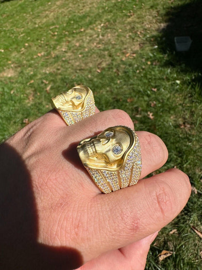 Italiano Silver, Inc. MOISSANITE Iced HEAVY Death Skull Ring Matte Real 14k Gold Over 925 Silver