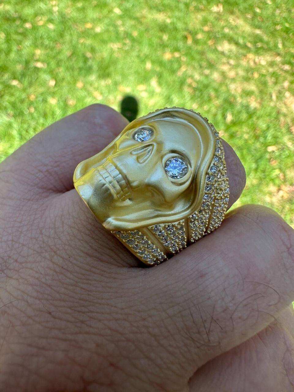 Italiano Silver, Inc. MOISSANITE Iced HEAVY Death Skull Ring Matte Real 14k Gold Over 925 Silver