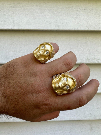 Italiano Silver, Inc. MOISSANITE Iced HEAVY Death Skull Ring Matte Real 14k Gold Over 925 Silver