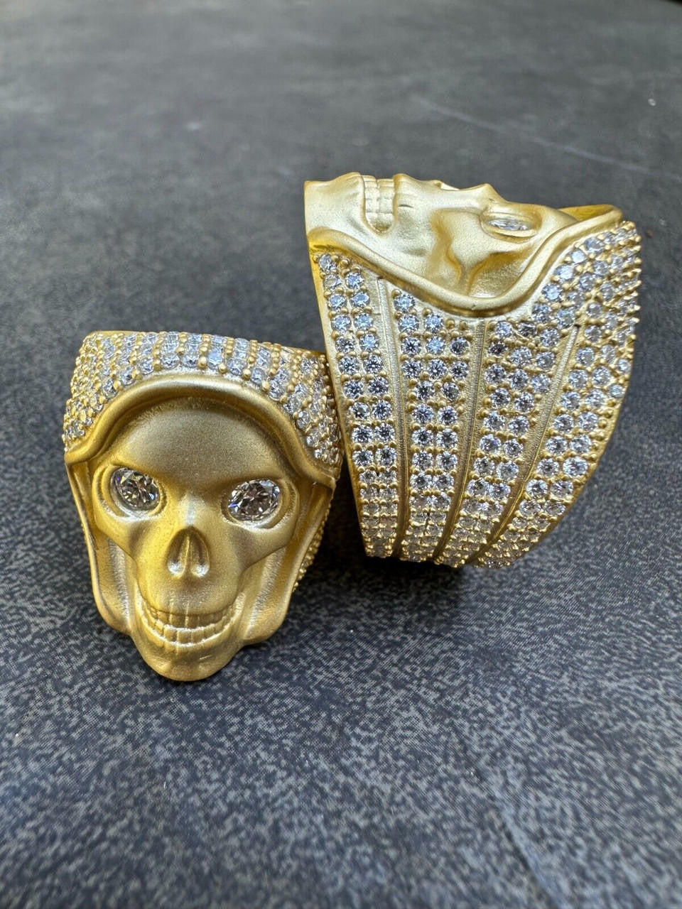 Italiano Silver, Inc. MOISSANITE Iced HEAVY Death Skull Ring Matte Real 14k Gold Over 925 Silver