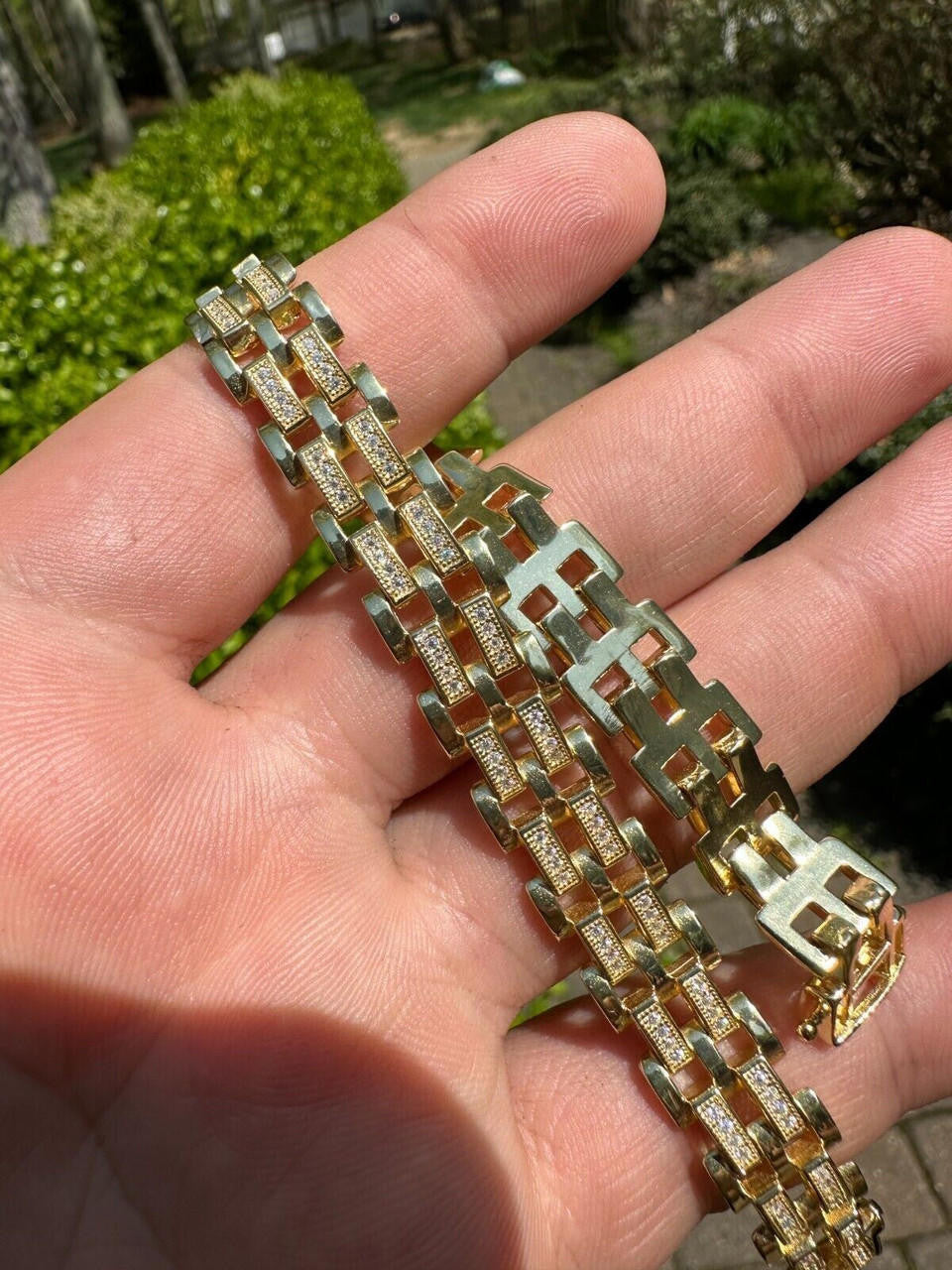 Italiano Silver, Inc. MOISSANITE Presidential ID Panther Bracelet 14k Gold Plated Real 925 Silver Iced