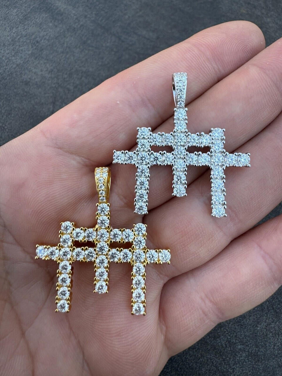 Italiano Silver, Inc. Moissanite Solid 925 Silver/Gold Plated Three Triple Cross Pendant Necklace Iced