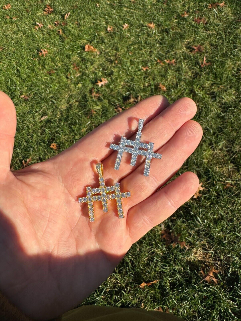 Italiano Silver, Inc. Moissanite Solid 925 Silver/Gold Plated Three Triple Cross Pendant Necklace Iced