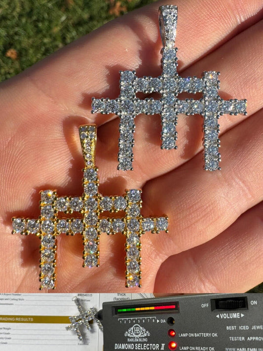 Italiano Silver, Inc. Moissanite Solid 925 Silver/Gold Plated Three Triple Cross Pendant Necklace Iced