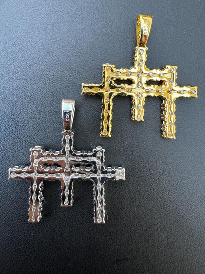 Italiano Silver, Inc. Moissanite Solid 925 Silver/Gold Plated Three Triple Cross Pendant Necklace Iced