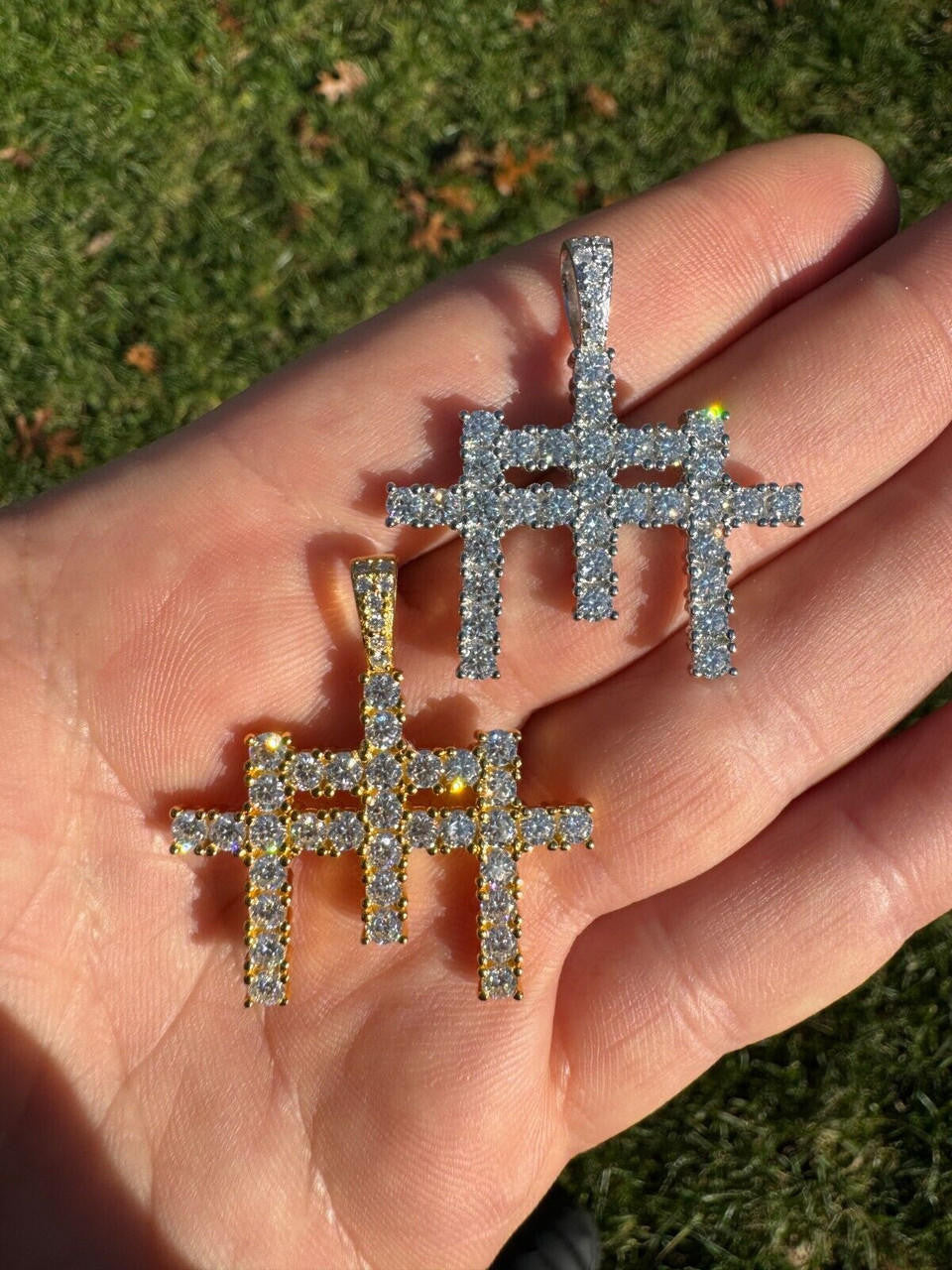 Italiano Silver, Inc. Moissanite Solid 925 Silver/Gold Plated Three Triple Cross Pendant Necklace Iced