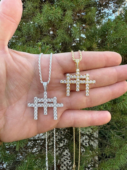 Italiano Silver, Inc. Moissanite Solid 925 Silver/Gold Plated Three Triple Cross Pendant Necklace Iced