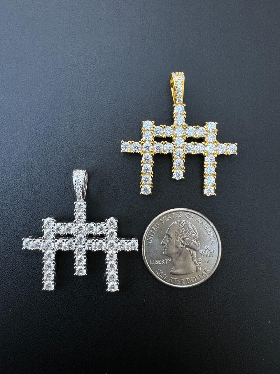 Moissanite Solid 925 Silver/Gold Plated Three Triple Cross Pendant