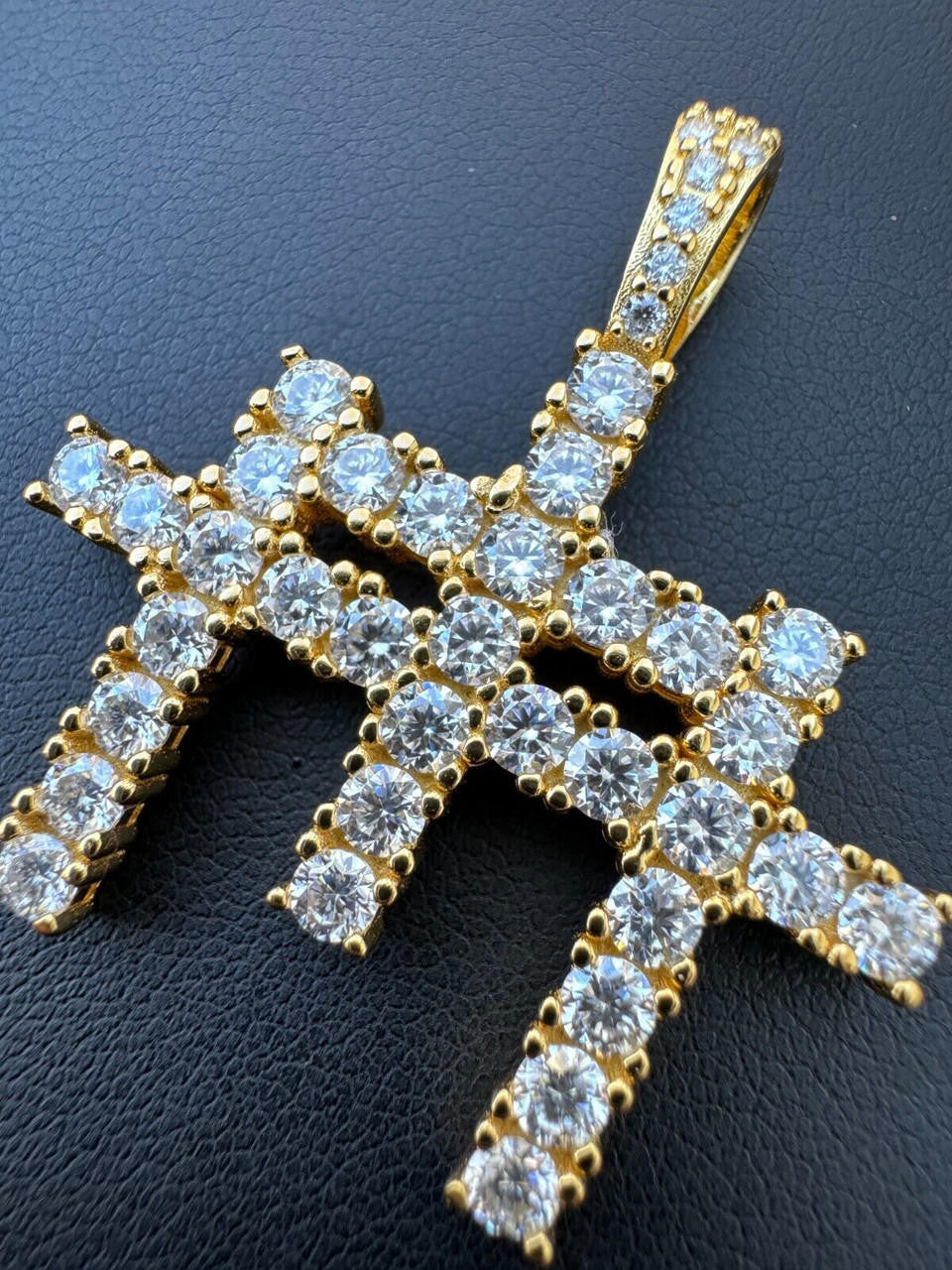 Italiano Silver, Inc. Moissanite Solid 925 Silver/Gold Plated Three Triple Cross Pendant Necklace Iced