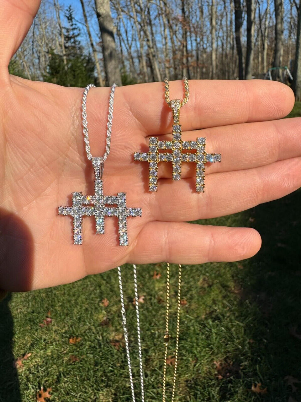 Italiano Silver, Inc. Moissanite Solid 925 Silver/Gold Plated Three Triple Cross Pendant Necklace Iced