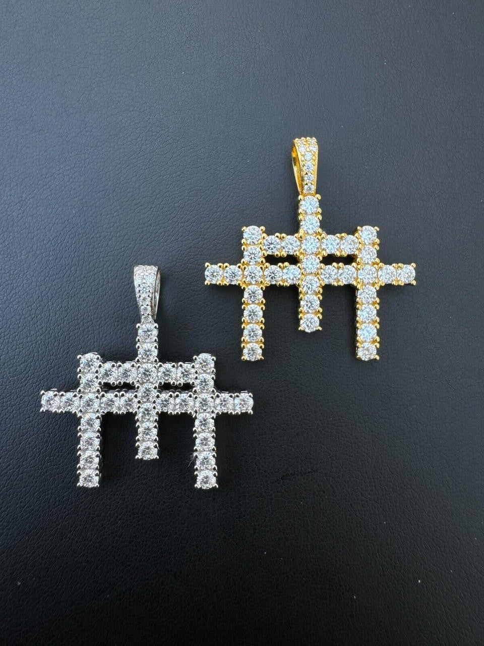 Italiano Silver, Inc. Moissanite Solid 925 Silver/Gold Plated Three Triple Cross Pendant Necklace Iced