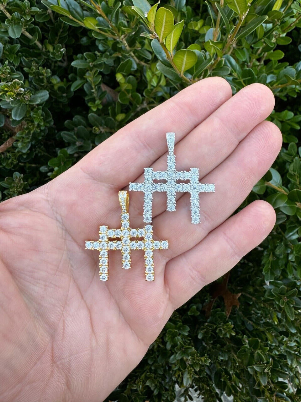 Italiano Silver, Inc. Moissanite Solid 925 Silver/Gold Plated Three Triple Cross Pendant Necklace Iced