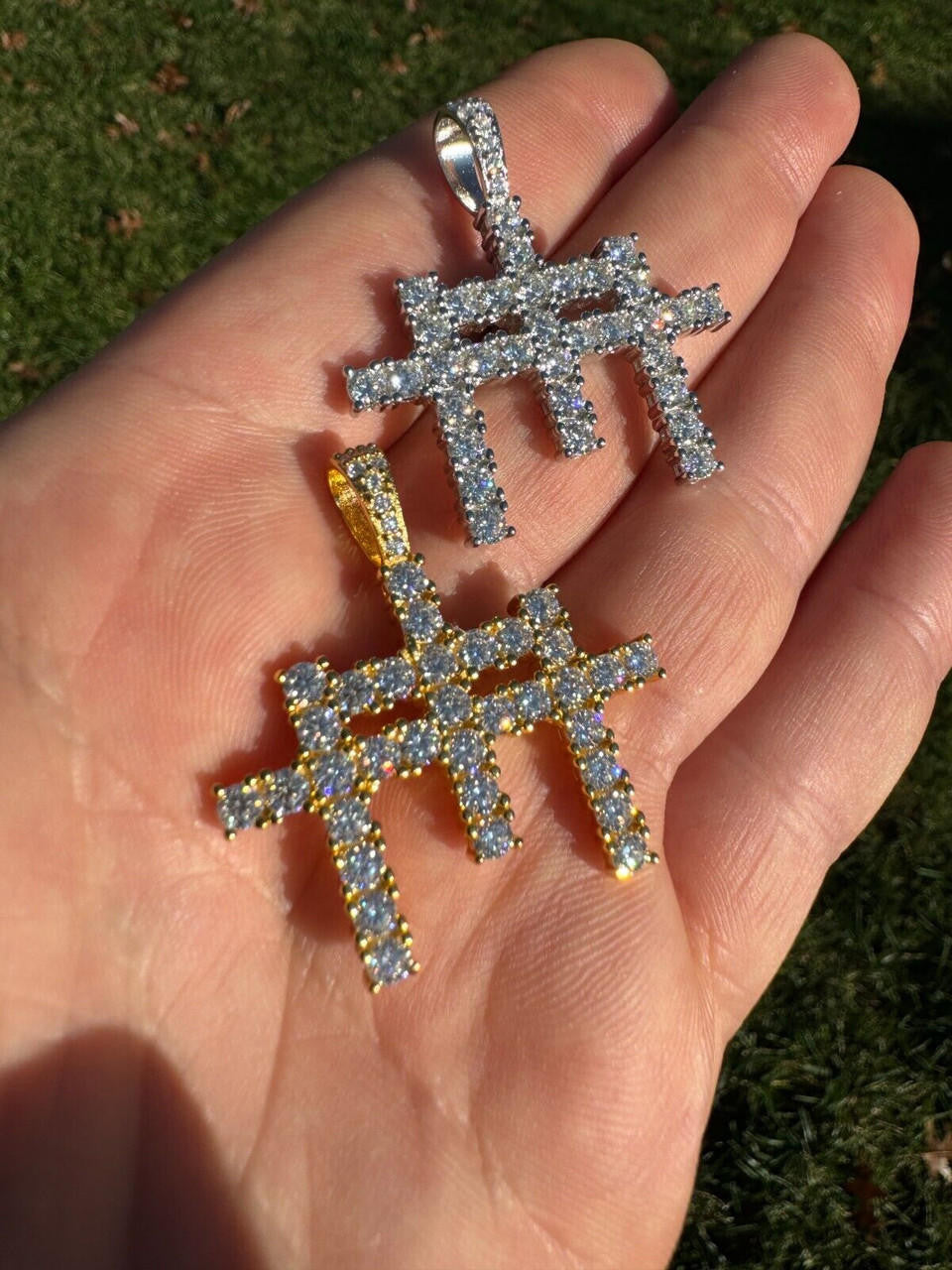 Italiano Silver, Inc. Moissanite Solid 925 Silver/Gold Plated Three Triple Cross Pendant Necklace Iced