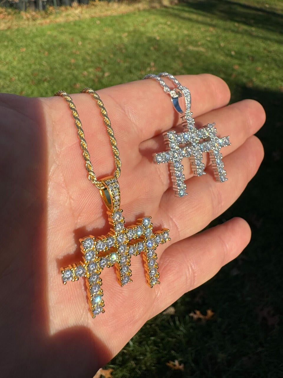 Italiano Silver, Inc. Moissanite Solid 925 Silver/Gold Plated Three Triple Cross Pendant Necklace Iced