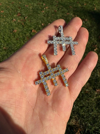 Italiano Silver, Inc. Moissanite Solid 925 Silver/Gold Plated Three Triple Cross Pendant Necklace Iced