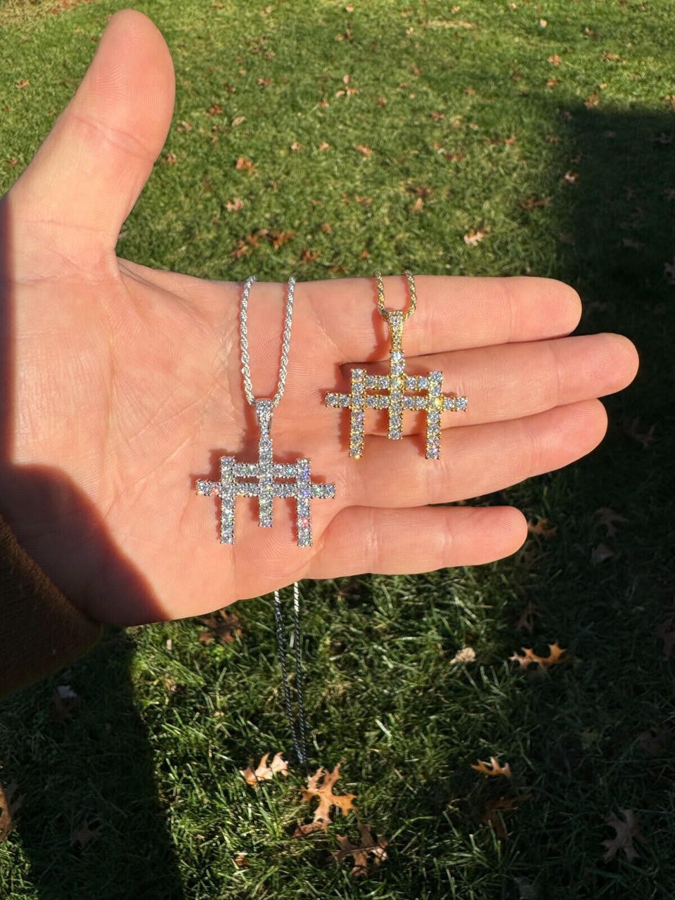 Italiano Silver, Inc. Moissanite Solid 925 Silver/Gold Plated Three Triple Cross Pendant Necklace Iced