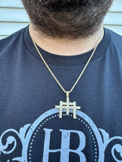 Italiano Silver, Inc. Moissanite Solid 925 Silver/Gold Plated Three Triple Cross Pendant Necklace Iced