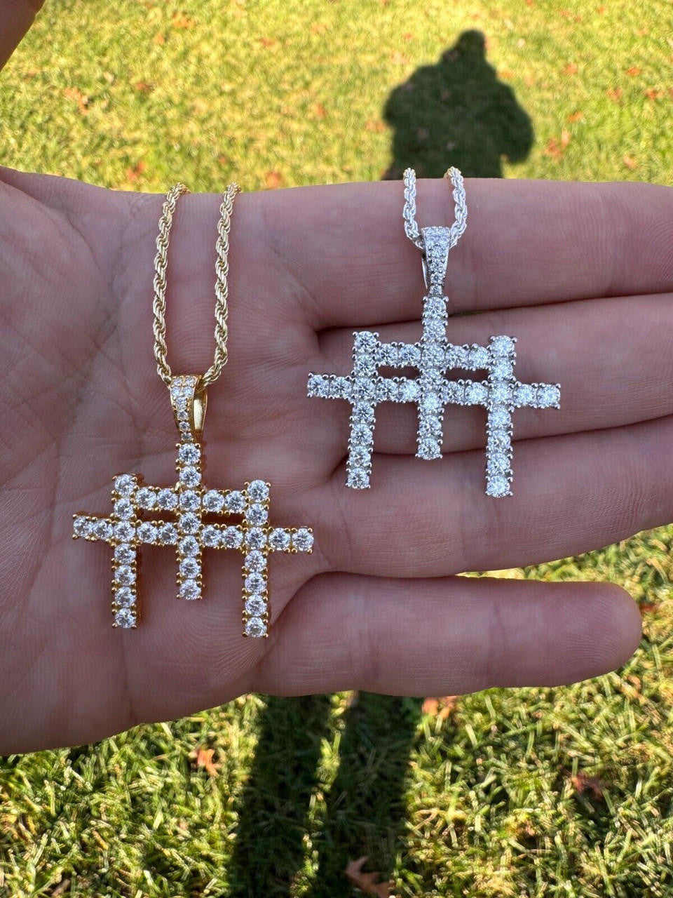 Italiano Silver, Inc. Moissanite Solid 925 Silver/Gold Plated Three Triple Cross Pendant Necklace Iced