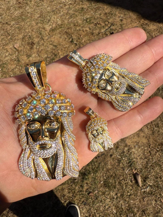 Italiano Silver, Inc. MOISSANITE Tito Biggie Smalls Kufi Jesus Piece Pendant - 14k Gold Vermeil 925 Silver - 3 Sizes 1"-2.5"