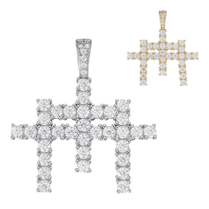 Italiano Silver, Inc. MOISSANITE Triple Cross Hip Hop Pendant - 14k Yellow Gold Vermeil Or 925 Silver - Small 1.5"