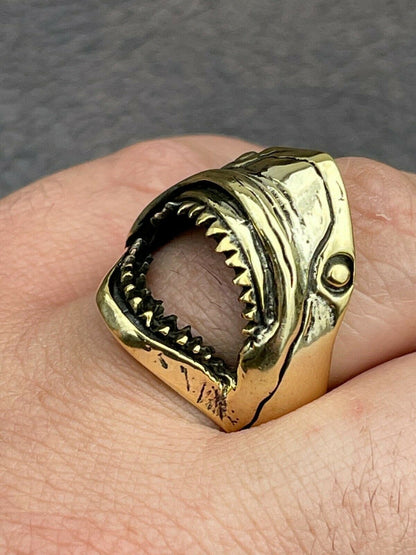 Italiano Silver, Inc Real 14k Gold Over 925 Sterling Silver Mens Great White Shark Teeth JAWS Ring