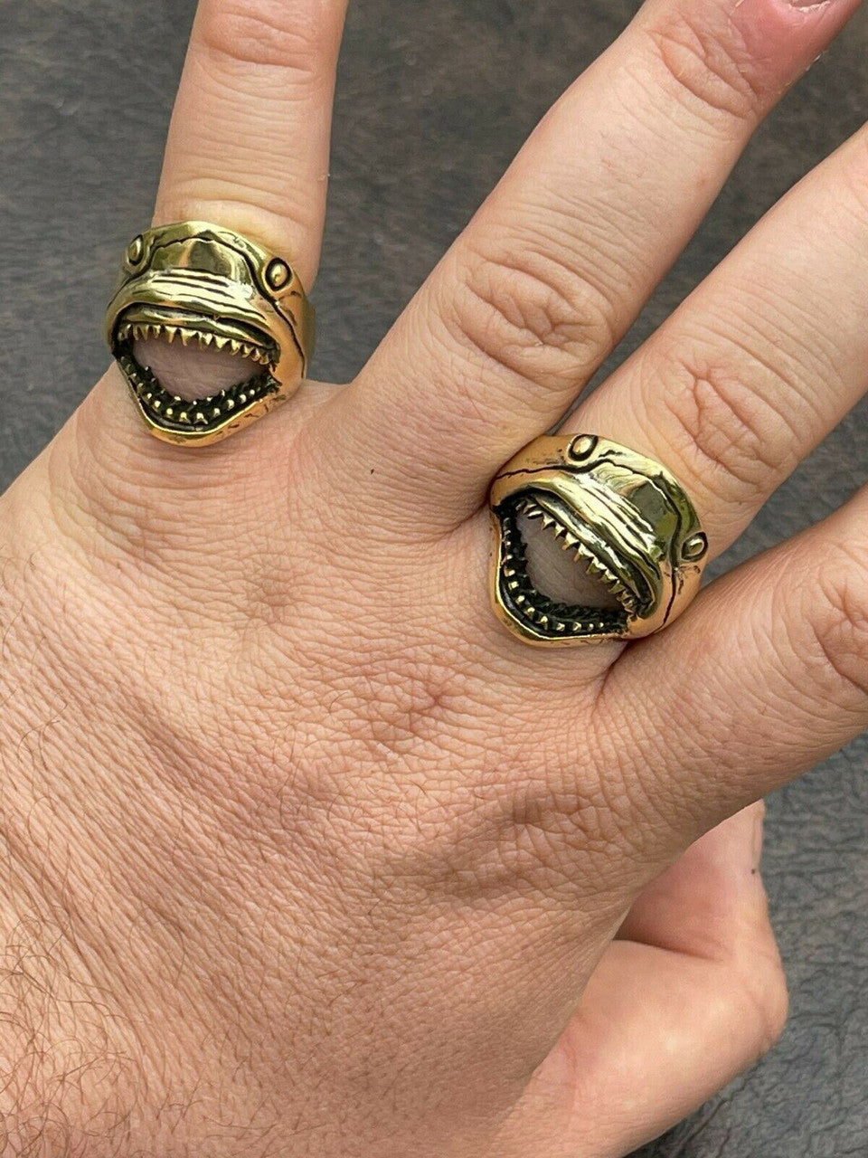 Italiano Silver, Inc Real 14k Gold Over 925 Sterling Silver Mens Great White Shark Teeth JAWS Ring