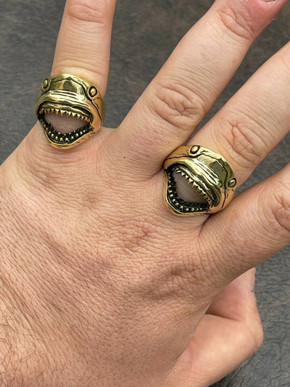 Italiano Silver, Inc Real 14k Gold Over 925 Sterling Silver Mens Great White Shark Teeth JAWS Ring