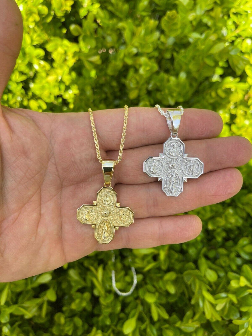 Italiano Silver, Inc Real 925 Silver Gold Four 4 Way Catholic Cross Pendant Mens Miraculous Necklace