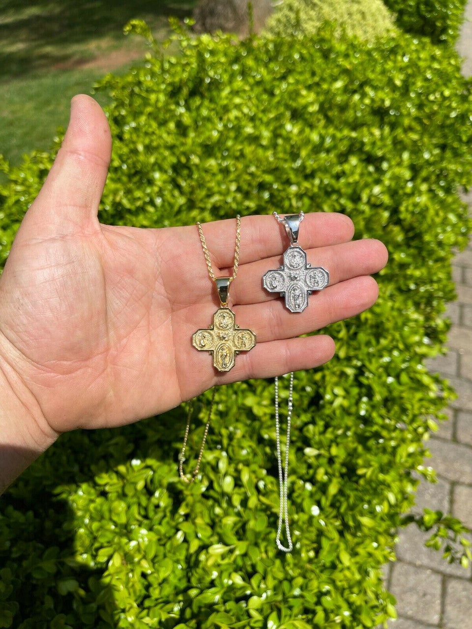 Italiano Silver, Inc Real 925 Silver Gold Four 4 Way Catholic Cross Pendant Mens Miraculous Necklace