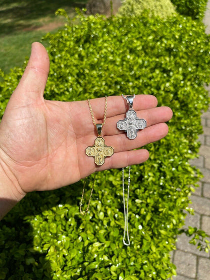Italiano Silver, Inc Real 925 Silver Gold Four 4 Way Catholic Cross Pendant Mens Miraculous Necklace