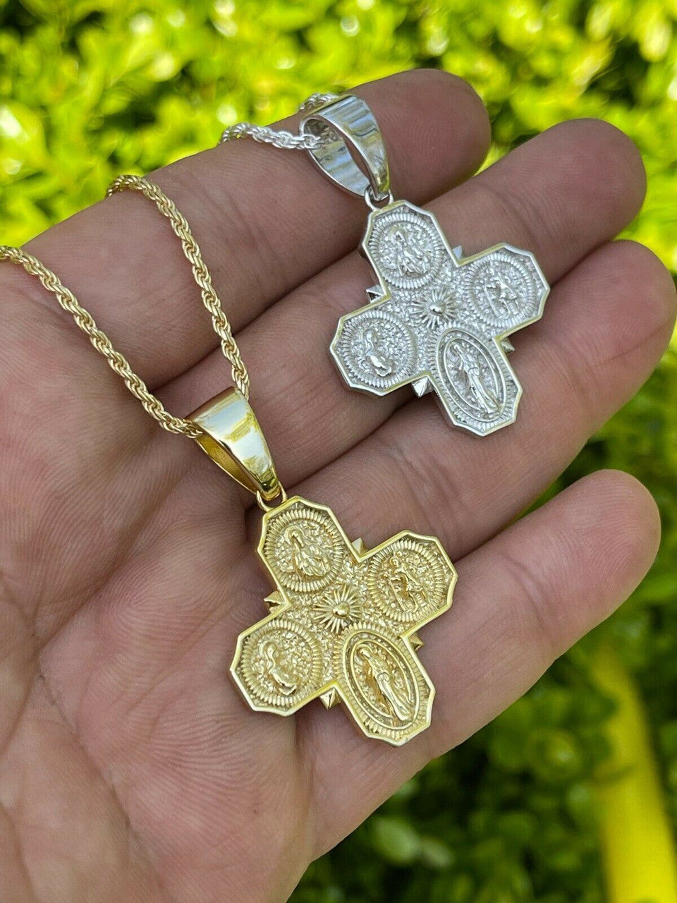 Italiano Silver, Inc Real 925 Silver Gold Four 4 Way Catholic Cross Pendant Mens Miraculous Necklace