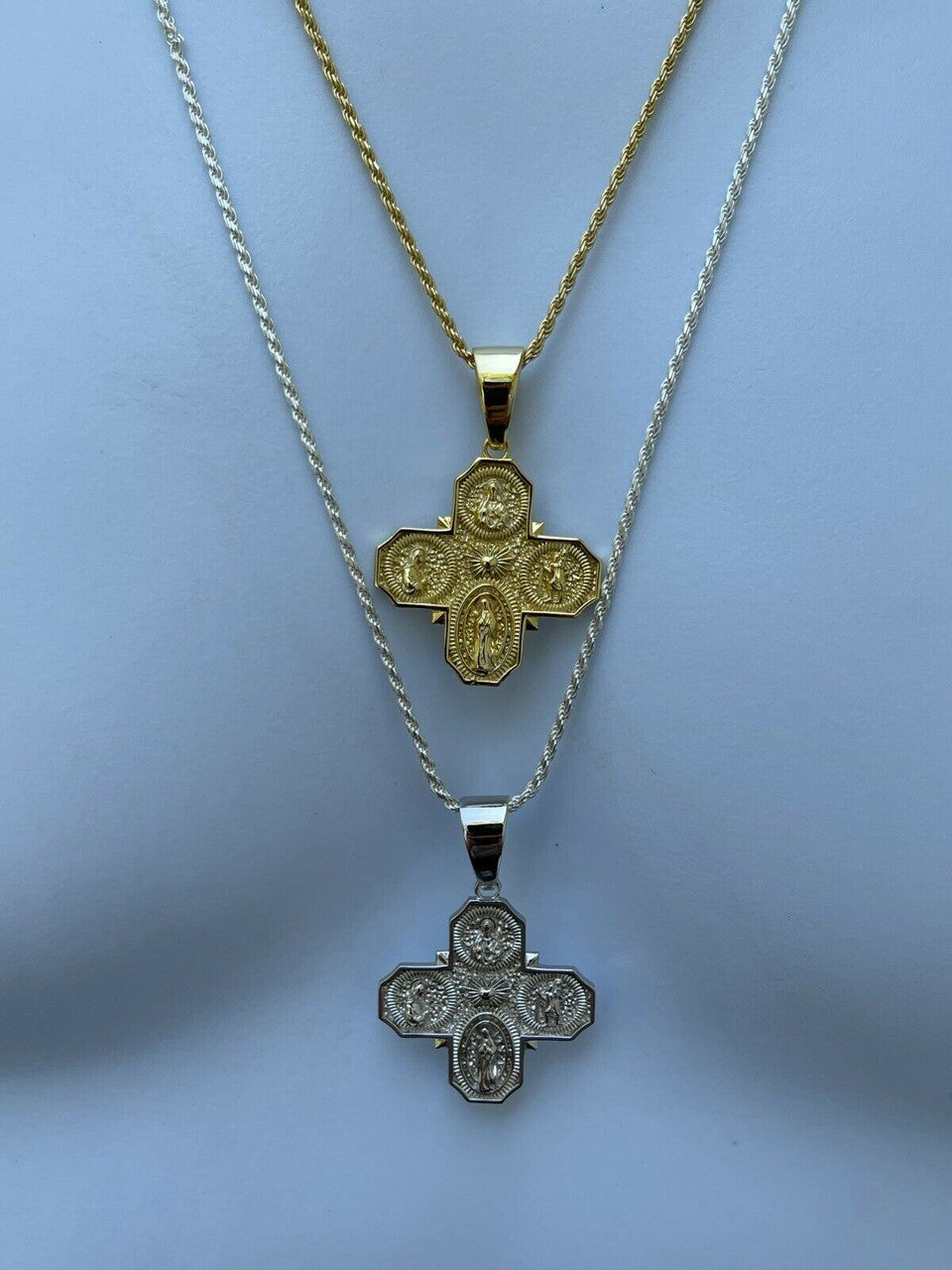 Italiano Silver, Inc Real 925 Silver Gold Four 4 Way Catholic Cross Pendant Mens Miraculous Necklace