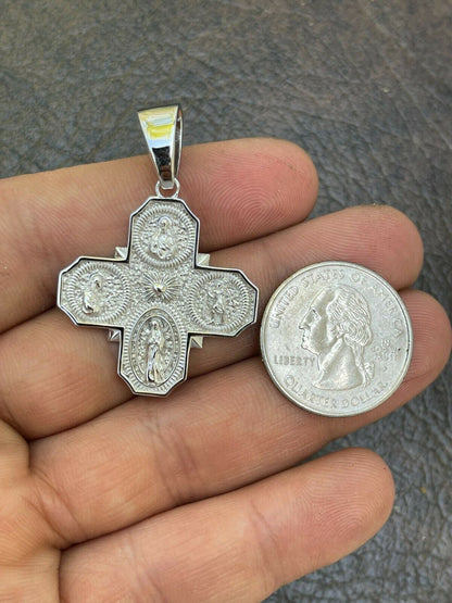 Italiano Silver, Inc Real 925 Silver Gold Four 4 Way Catholic Cross Pendant Mens Miraculous Necklace