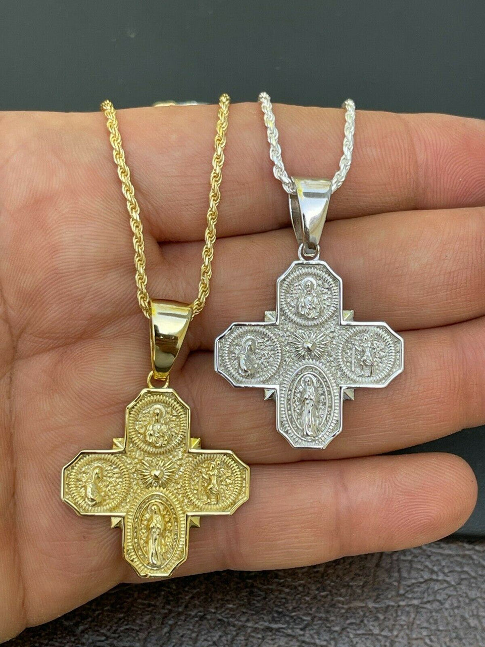 Italiano Silver, Inc Real 925 Silver Gold Four 4 Way Catholic Cross Pendant Mens Miraculous Necklace