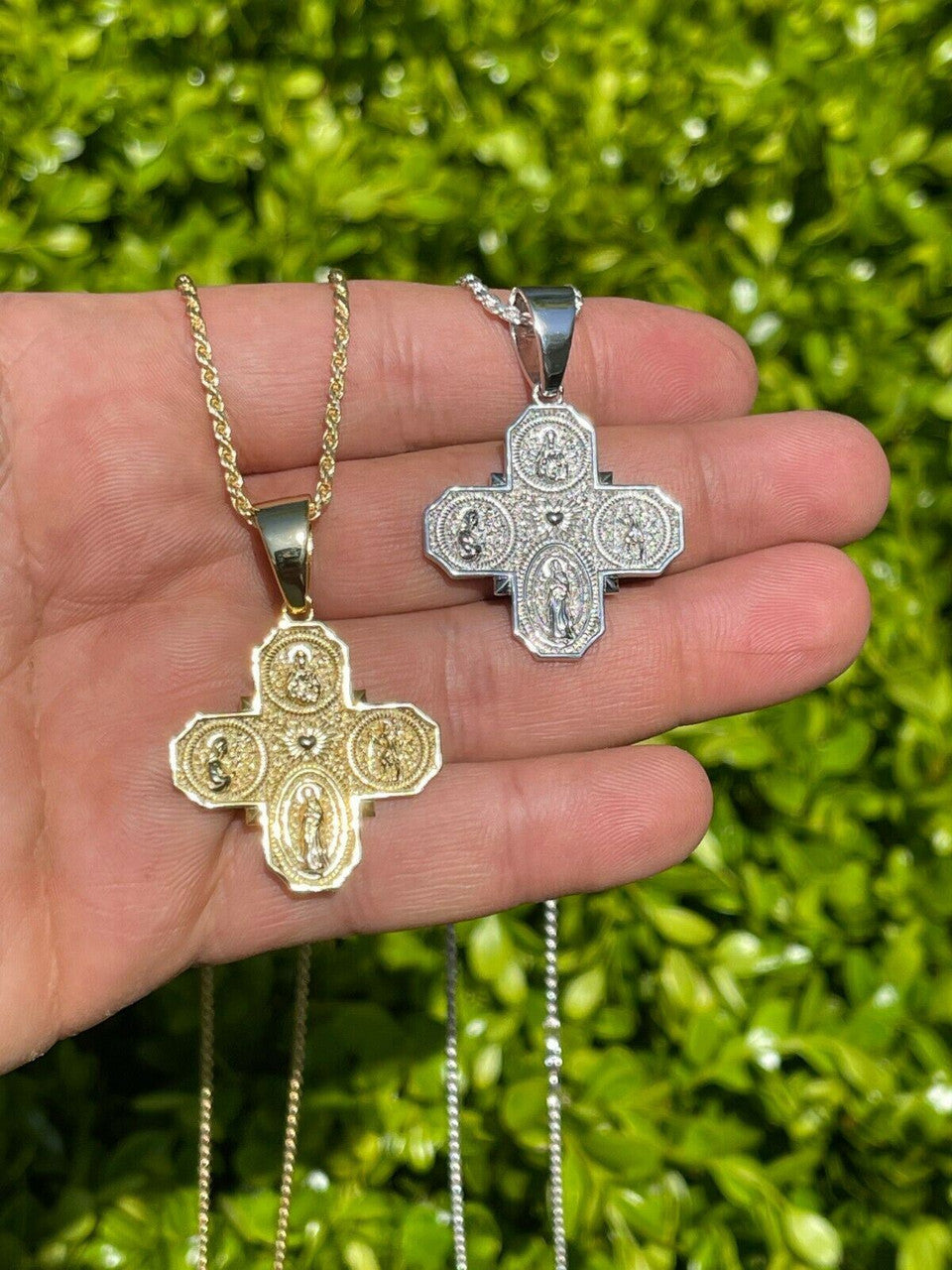 Italiano Silver, Inc Real 925 Silver Gold Four 4 Way Catholic Cross Pendant Mens Miraculous Necklace