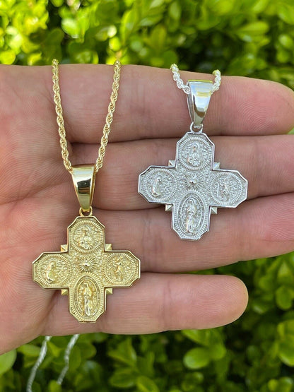 Italiano Silver, Inc Real 925 Silver Gold Four 4 Way Catholic Cross Pendant Mens Miraculous Necklace
