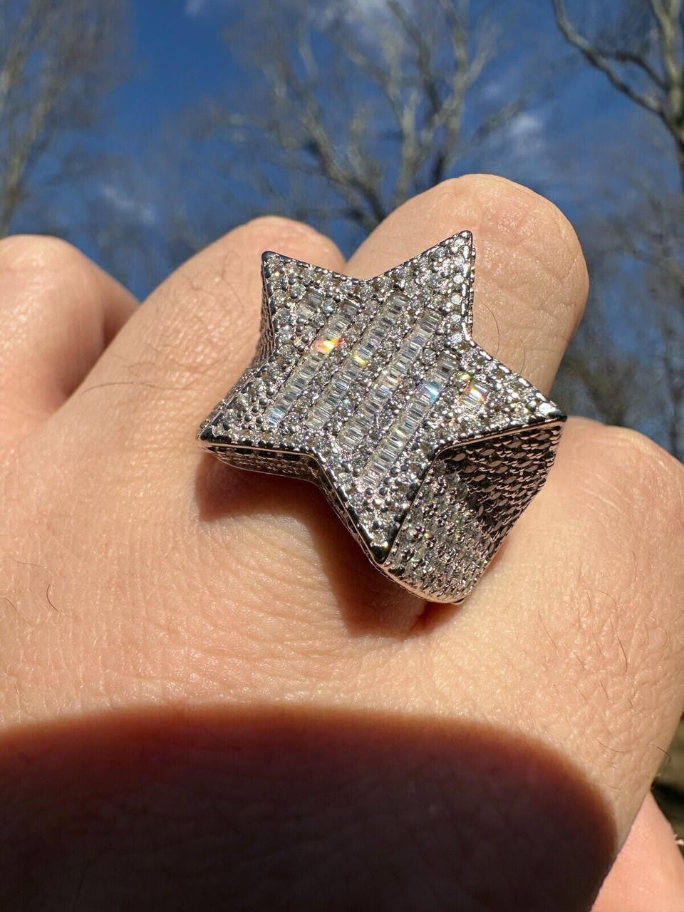 Italiano Silver, Inc. Real 925 Sterling Silver Iced Baguette Star Shaped Ring Pass Tester Hip Hop Out