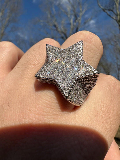 Italiano Silver, Inc. Real 925 Sterling Silver Iced Baguette Star Shaped Ring Pass Tester Hip Hop Out