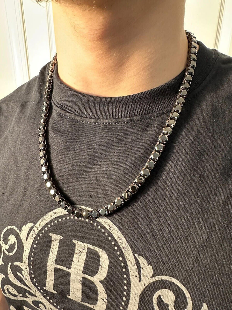 Italiano Silver, Inc. Real Black MOISSANITE 7mm Tennis Chain Black Rhodium 925 Silver Iced Necklace