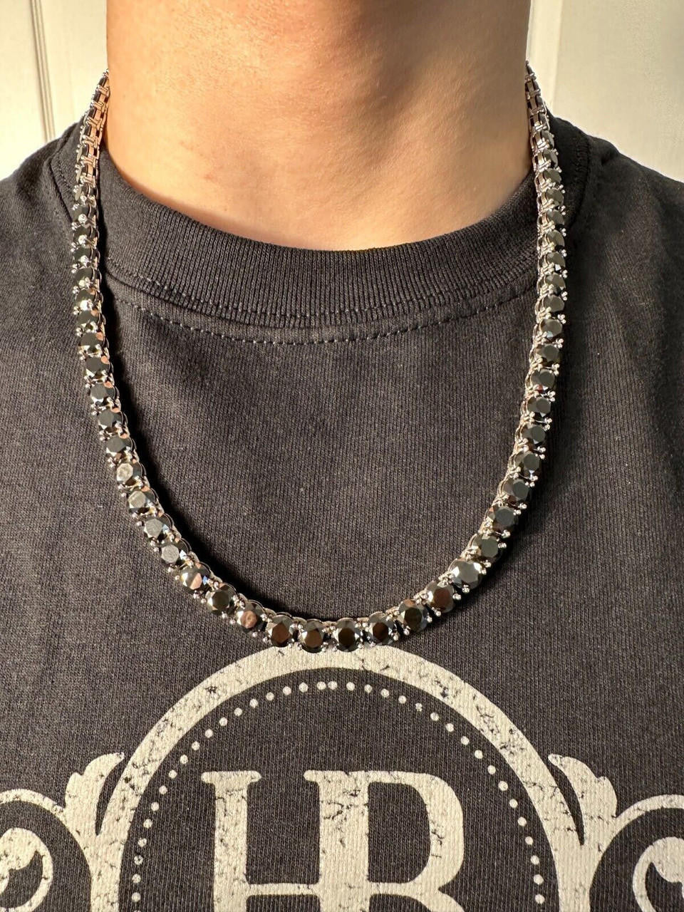 Italiano Silver, Inc. Real Black MOISSANITE Big 7mm Tennis Chain 925 Silver Iced Necklace Pass Tester