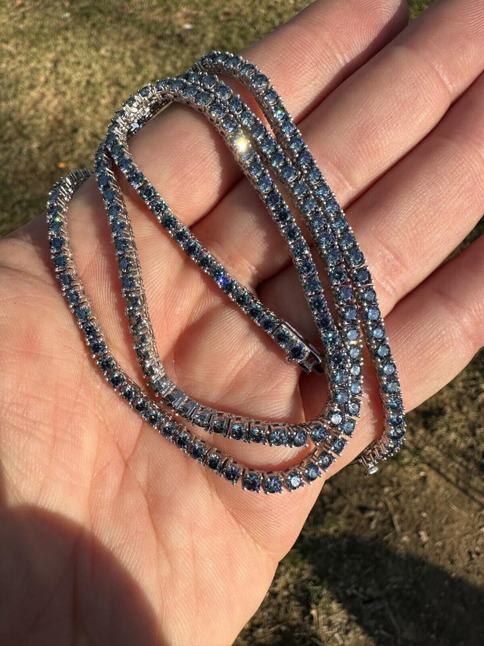 Italiano Silver, Inc. Real Blue MOISSANITE 3mm Tennis Chain 925 Silver Iced Necklace Pass Diamond Test